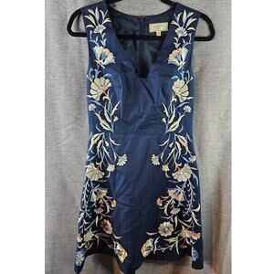 MOULINETTE SOEURS Anthropologie Bellflower Blue Embroidered Dress Deep V Neck 6
